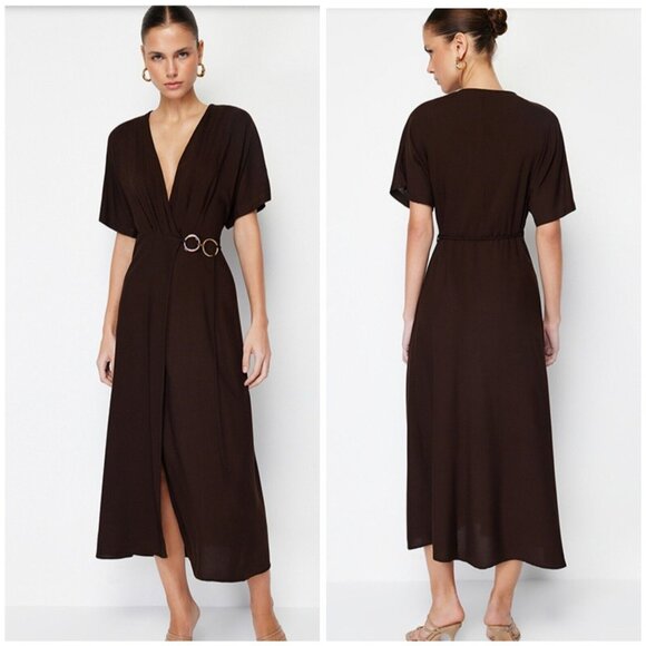 Mango Women's Black Midi Wrap Dress Hoop Detail Short Sleeve V Neck Size 6/M NWT - Picture 2 of 9